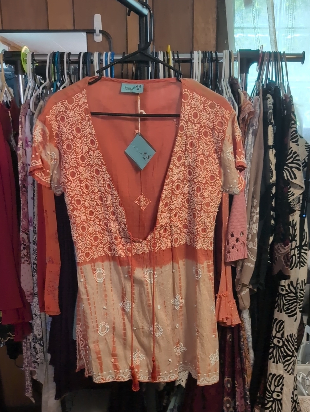 Letarte Boho Embroidered V-Neck Women’s Top - Coral & Cream NWT